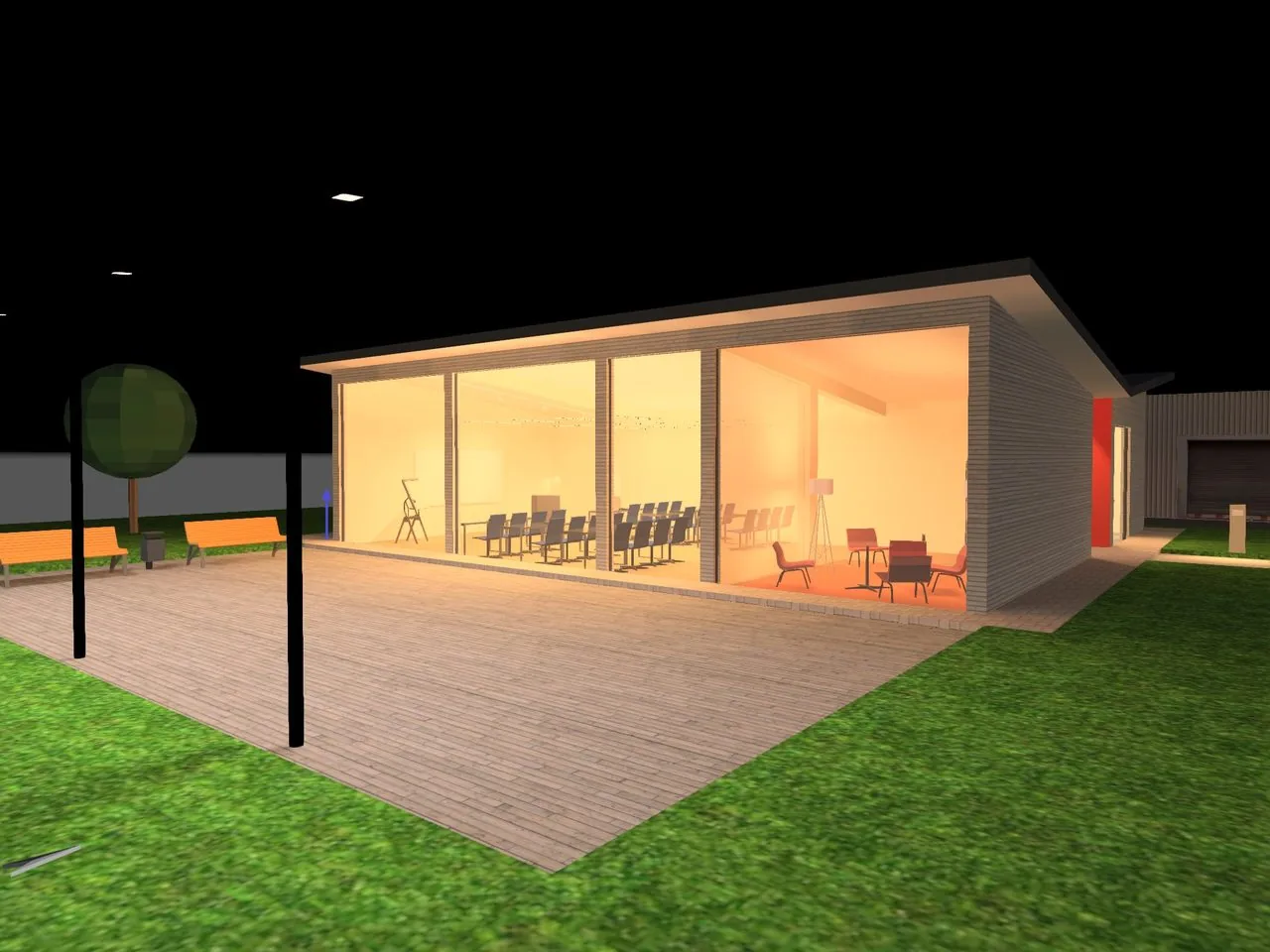 Stakleni paviljon sa unutrašnjim osvetljenjem — DIALux noćni render